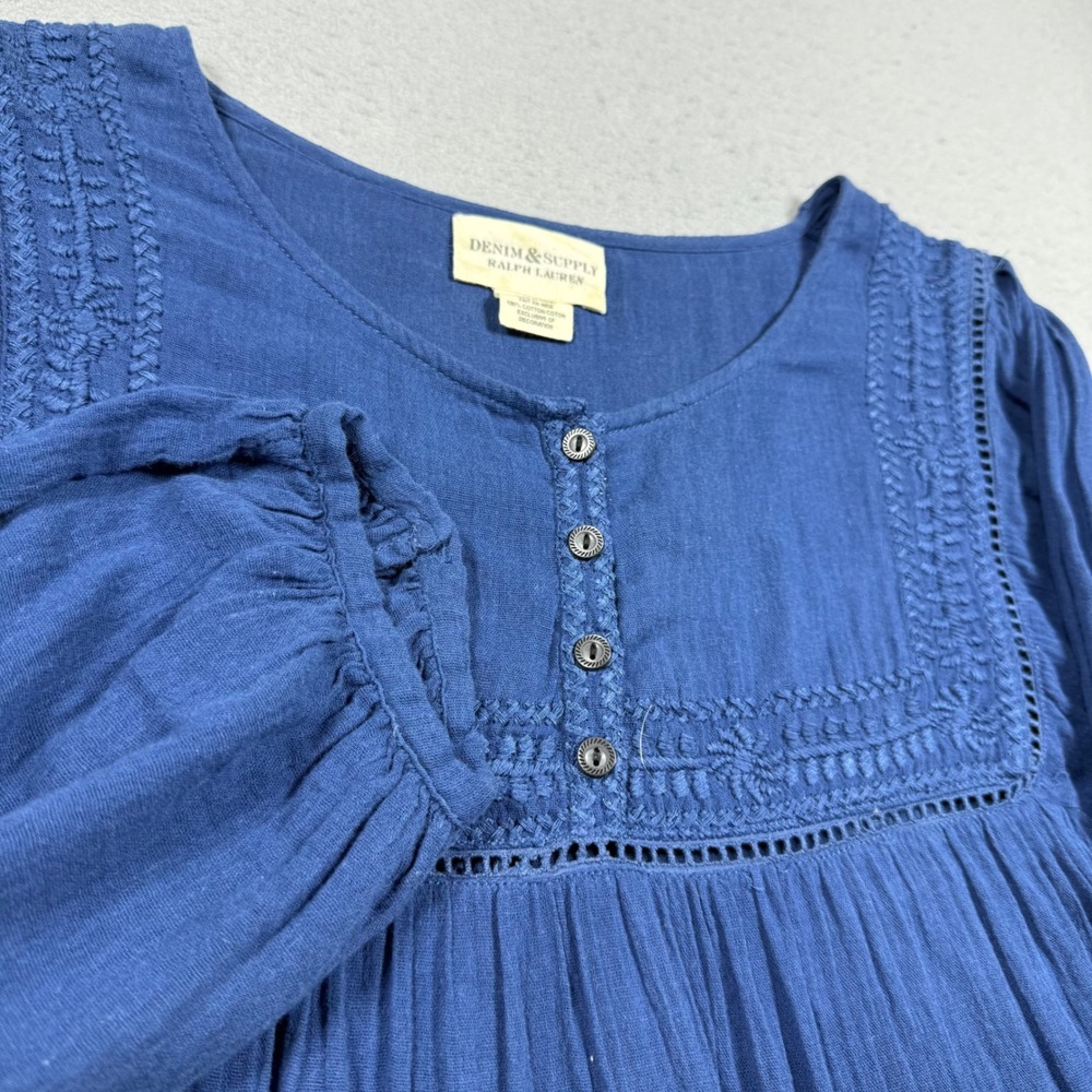 Denim & Supply Ralph Lauren Blue Cotton Gauze Embroidered Peasant Blouse Women M